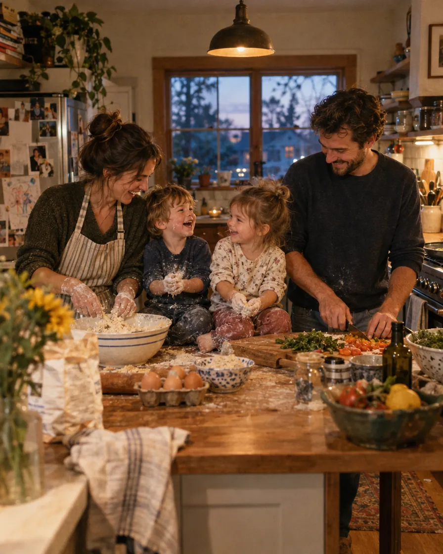 Una pareja cocina con sus dos hijos pequeños en una cocina familiar