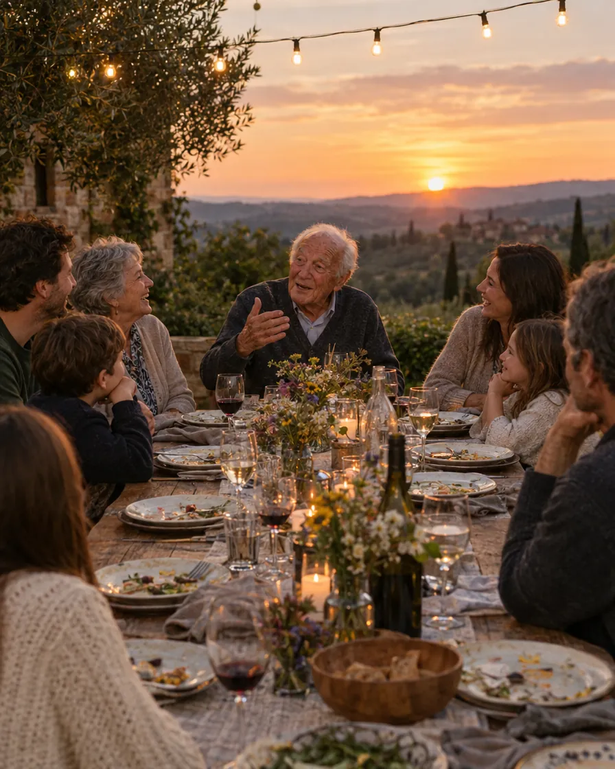 Un hombre mayor cuenta una historia a tres generaciones en una mesa al aire libre