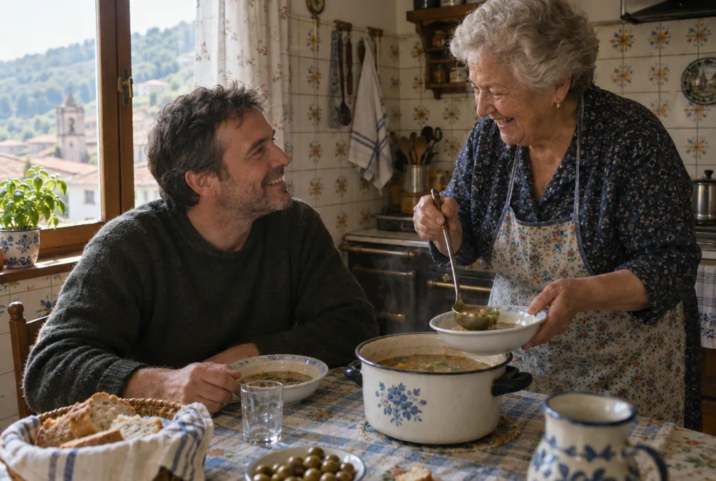 Un hombre come con su madre mayor, que ríe mientras le sirve sopa